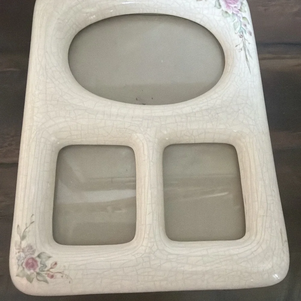 Vintage Photo Frame Ceramic Victorian Pink Floral Picture Multi Ivory Crazing